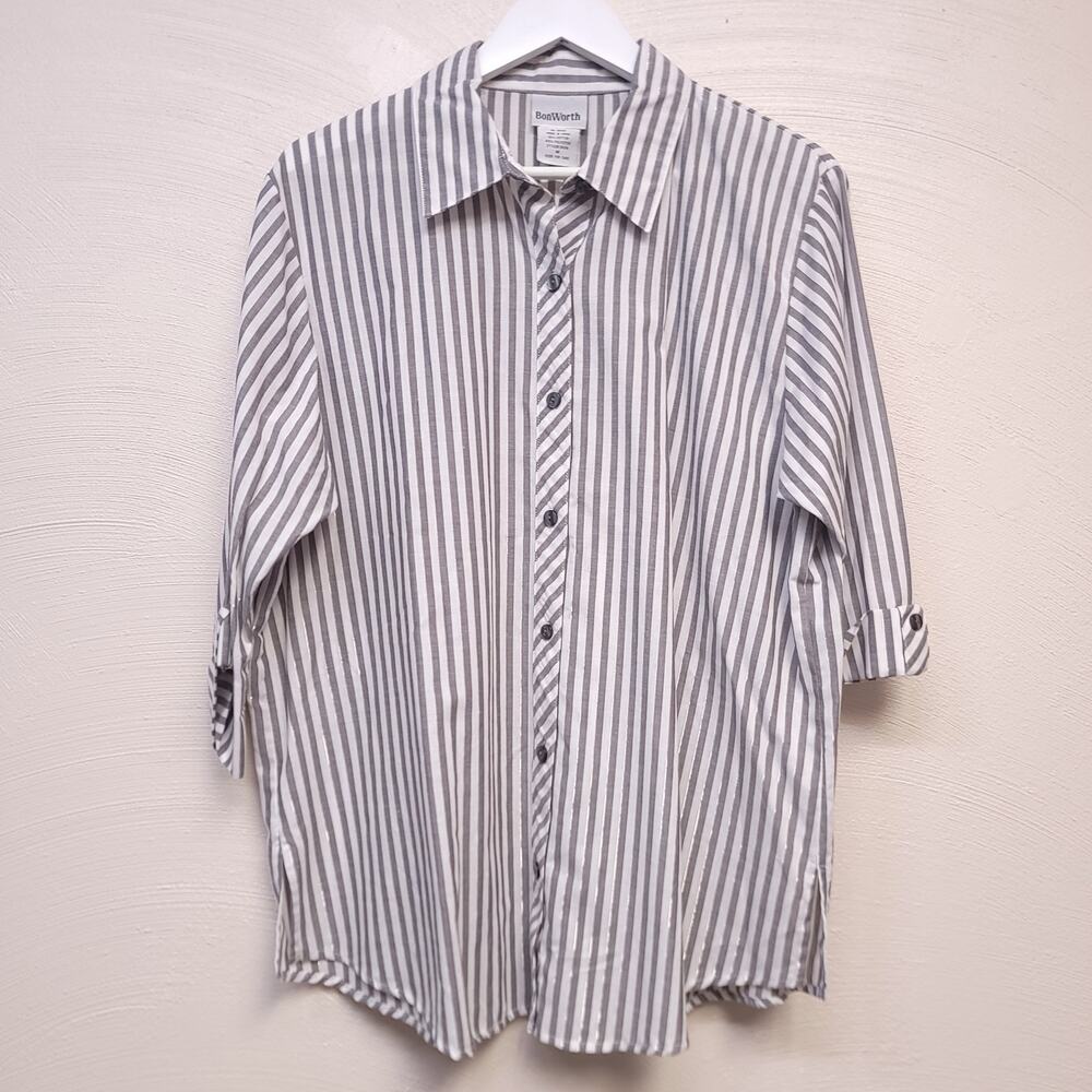 BonWorth Button Down Shirt Size M Gray White Womens Top Button-up Collar